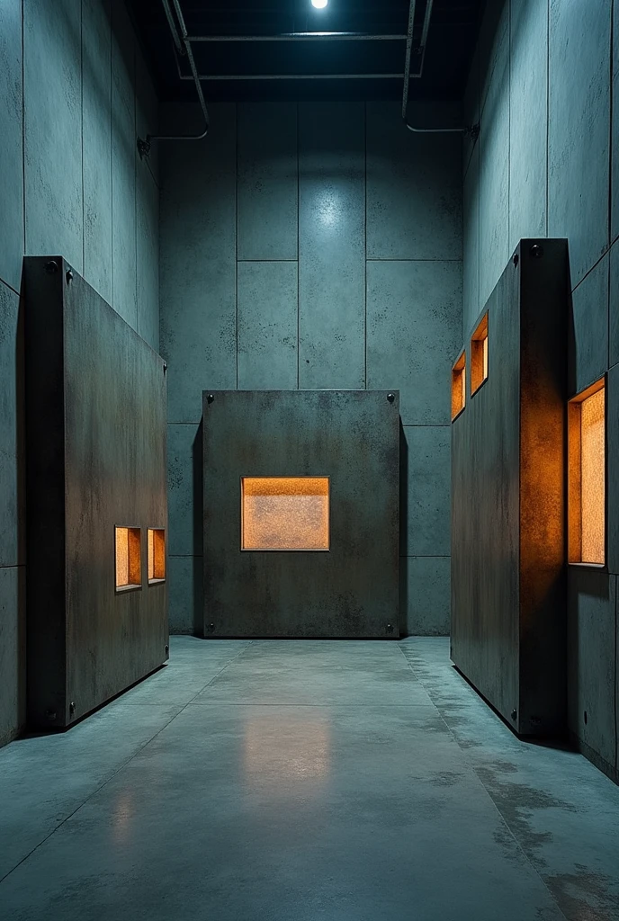 Make me a cold room with large recycled metal squares inside a machine