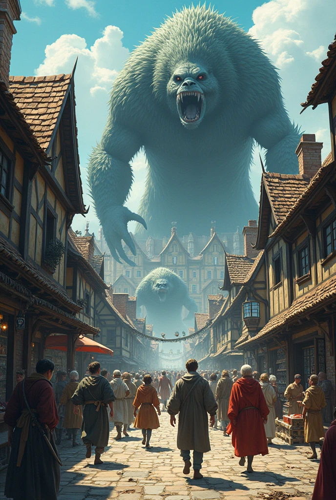 Anime-style fantasy town in the Middle Ages is attacked by monsters, panicked