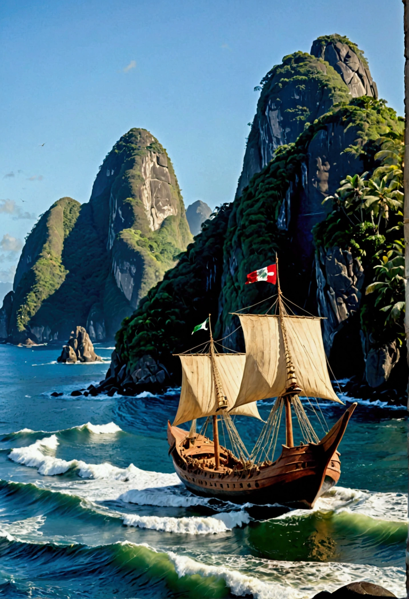 Create an image of a Phoenician ship arriving at the shores of Rio de Janeiro in the 15th century. The scene shows a large, ancient wooden vessel with a distinctive curved hull and a single, square sail adorned with traditional Phoenician symbols. The ship is anchored near a lush, tropical coastline, with the towering Sugarloaf Mountain and dense Atlantic forest visible in the background. The crew, dressed in period-appropriate garments, is seen on deck, gazing at the unfamiliar landscape. The atmosphere is filled with a sense of discovery and adventure, with soft sunlight reflecting off the ocean waves and birds flying overhead.