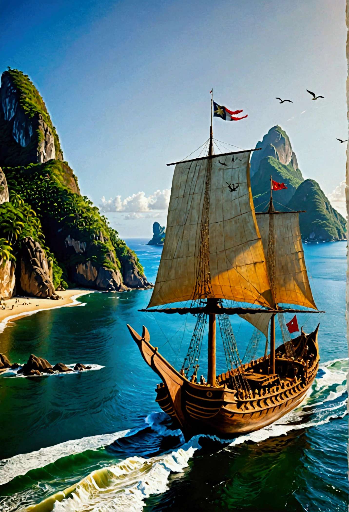 Create an image of a Phoenician ship arriving at the shores of Rio de Janeiro in the 15th century. The scene shows a large, ancient wooden vessel with a distinctive curved hull and a single, square sail adorned with traditional Phoenician symbols. The ship is anchored near a lush, tropical coastline, with the towering Sugarloaf Mountain and dense Atlantic forest visible in the background. The crew, dressed in period-appropriate garments, is seen on deck, gazing at the unfamiliar landscape. The atmosphere is filled with a sense of discovery and adventure, with soft sunlight reflecting off the ocean waves and birds flying overhead.