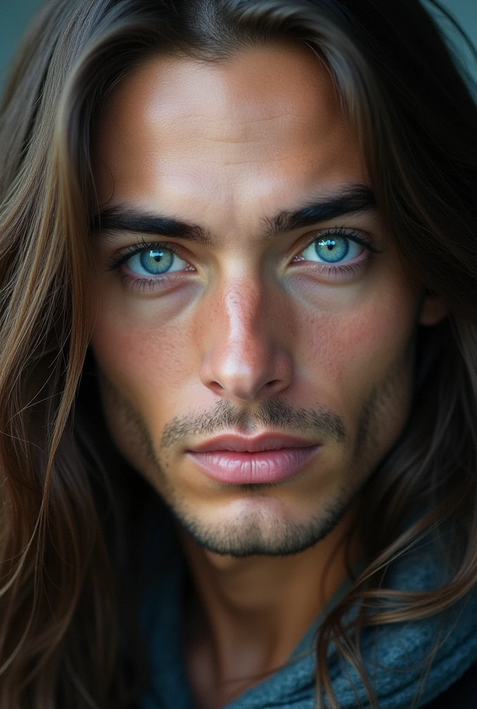 Beautiful blue eyes of a Man with long hair With a beautiful fiture only face