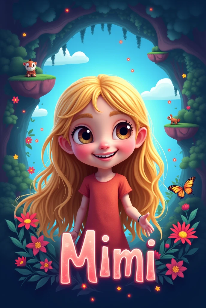 Create a kids logo for a YouTube channel , with an avatar of a  blonde with brown eyes, long hair and the name The Adventures of MiMi with a background image like in an avatarworld game