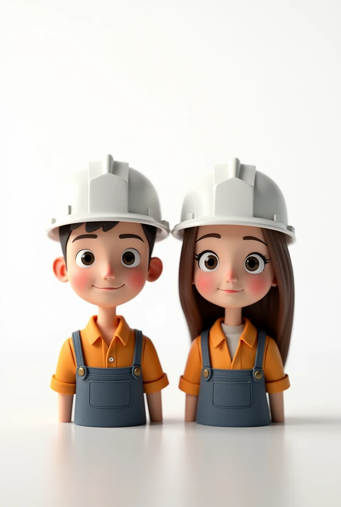 male and female civil engineer with white helmet animated dolls, where only half the body and a white background are visible