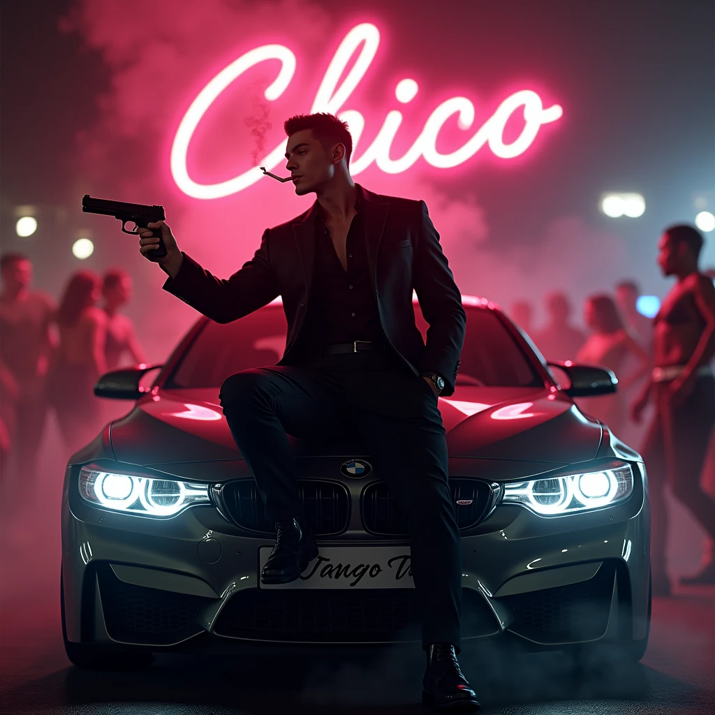 Create a realistic image where a 20 years old boy wearing black luxury suit and sitting on BMW car with number plate of tango, he's holding a gun in his hand, there is smoke in background and girls are dancing. In background the name "Chico" is showing in bold and neon effects just above the head of the character as per his name. He's smoking with his another hand and having gun in one hand