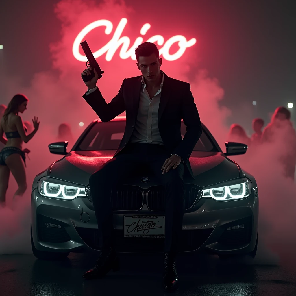 
Create a realistic image where a 20 years old boy wearing black luxury suit and sitting on BMW car with number plate of tango, he's holding a gun in his hand, there is smoke in background and girls are dancing. In background the name "Chico" is showing in bold and neon effects just above the head of the character as per his name. He's smoking with his another hand and having gun in one hand 