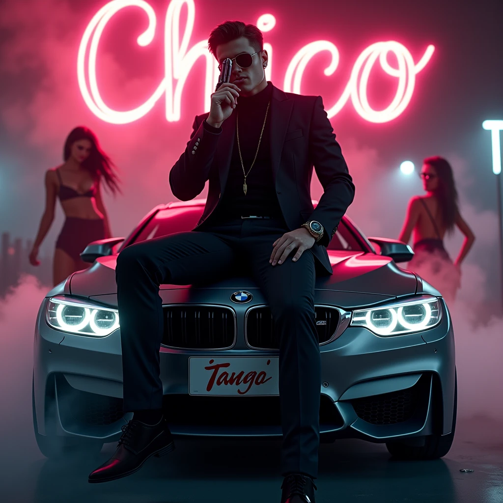 Create a realistic image where a 20 years old boy wearing black luxury suit and sitting on BMW car with number plate of tango, he's holding a gun in his hand, there is smoke in background and girls are dancing. In background the name "Chico" is showing in bold and neon effects just above the head of the character as per his name. He's smoking with his another hand and having gun in one hand