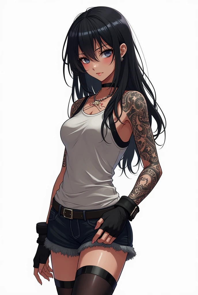 full body dark anime girl character sheet defined details white background. Realistic drawing style graffiti style new style
