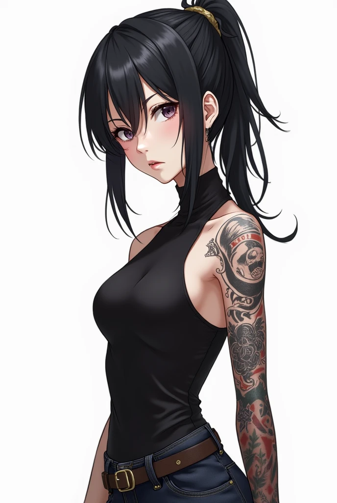 full body dark anime girl character sheet defined details white background. Realistic drawing style graffiti style new style