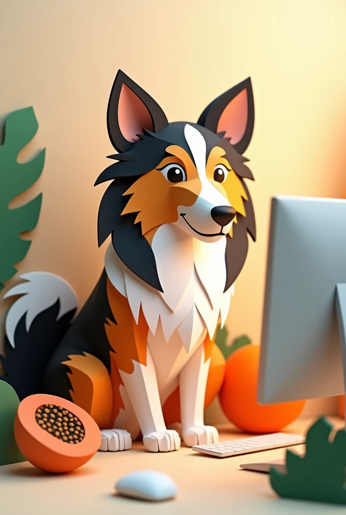 a tri-colored collie, sitting in front of a computer, with a piece of papaya, masterpiece, all in three dimensional paper art、(Almond Shapes);1.9、(Three-dimensional paper-cut art.、colorful):1.9