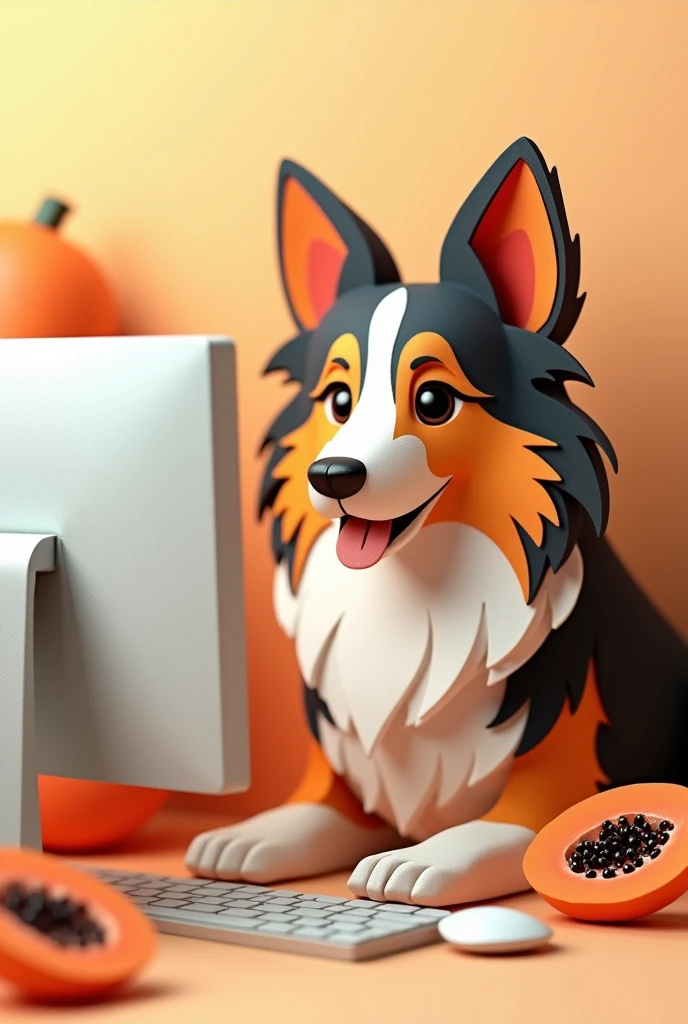 a tri-colored collie, sitting in front of a computer, with a piece of papaya, masterpiece, all in three dimensional paper art、(Almond Shapes);1.9、(Three-dimensional paper-cut art.、colorful):1.9