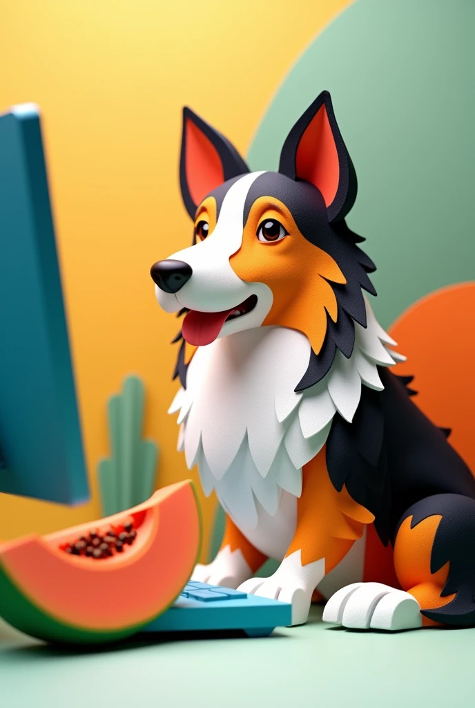 a tri-colored collie, sitting in front of a computer, with a piece of papaya,  masterpiece, all in three dimensional paper art、(Almond Shapes);1.9、(Three-dimensional paper-cut art.、colorful):1.9
