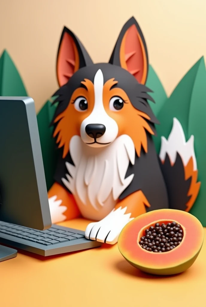 a tri-colored collie, sitting in front of a computer, with a piece of papaya,  masterpiece, all in three dimensional paper art、(Almond Shapes);1.9、(Three-dimensional paper-cut art.、colorful):1.9
