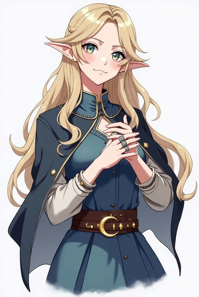 Make it anime-style, Líf is an adult elf between 23 and 2 with golden eyes like honey., your beauty is exceptional, with an angelic appearance and delicate features. Your skin is softly pale, resembling pure porcelain. Her long black eyelashes accentuate an innocent look, with honey-colored eyes that radiate an enchanting clarity. Her lips are delicately rounded, with a natural pink tone. A small mole adorns her right cheek, adding a unique touch to its ethereal beauty.

Seus cabelos loiros clearings fluem em mechas onduladas, descending gently on your shoulders, every thread as soft as silk. A long-sleeved blue dress hugged her figure, with a flowing skirt that ended elegantly just above the knees. A leather belt adorned his waist, standing out with a crescent-shaped buckle, surrounded by small golden stones, adding a heavenly touch to your attire. On the feet, simple black leather boots, whose long barrel fitted simply, were tied with dark laces, providing you with unpretentious practicality. Over the shoulders, a modest cloak in a deep shade of indigo enveloped her. Have her hold her hands up showing the detailed and ornate silver and gold rings three on each hand. Her clothes are intensely blue, clearing, cyan and dark.