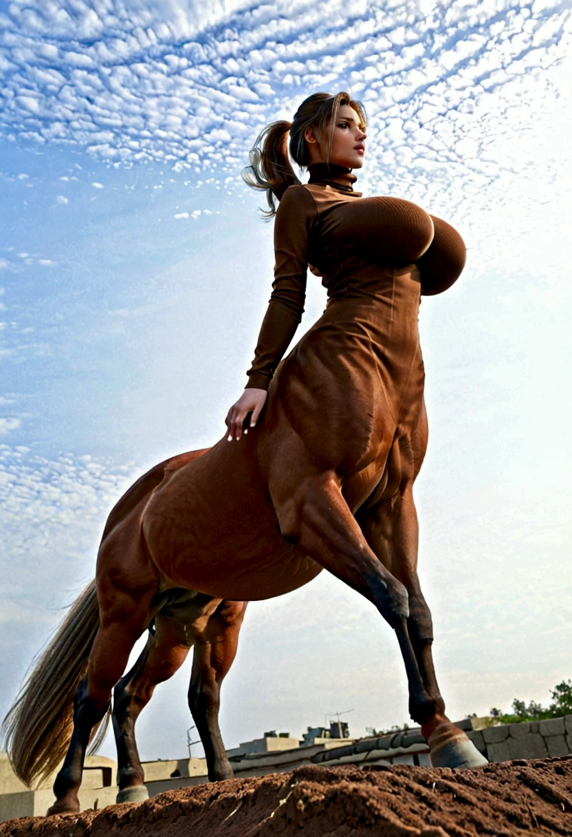 centaur, female. huge breasts, brown horse body, hooves, tail up, from below, outdoor, sleeveless turtleneck tops