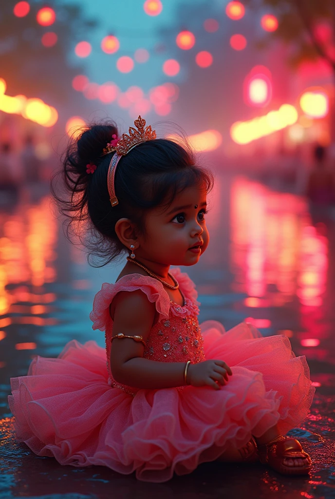 Indian baby girl wears a barbie suit and sitting near the river with red and yellow neon lights