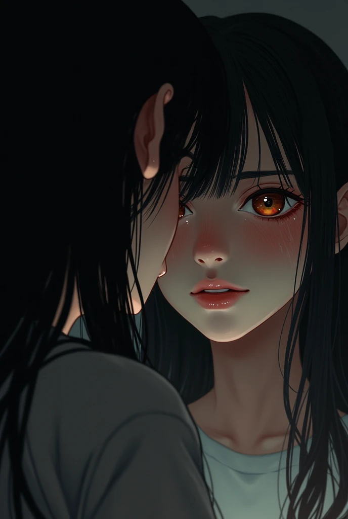 Girl with long black hair and yellow eyes crying looking at herself in the mirror her reflection with red eyes smiling 