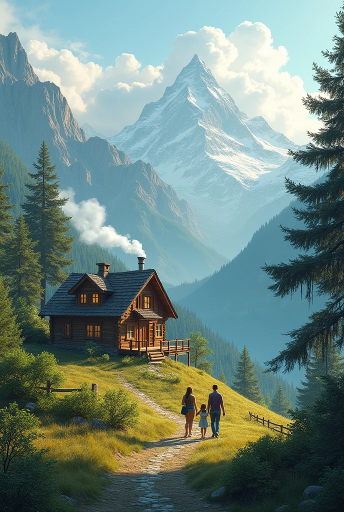 create an image of an isolated house, in the mountains, where a family with a woman, a man and their daughter went to spend their holidays