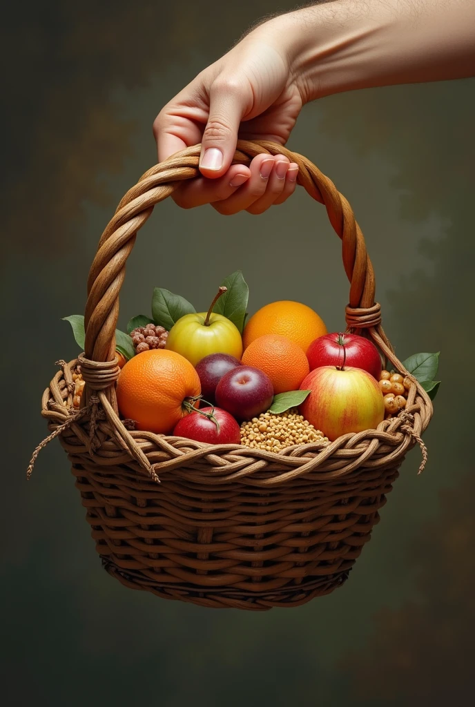 : A hand offering a basket of fruit or grains, symbolizing the offering of the first fruits.