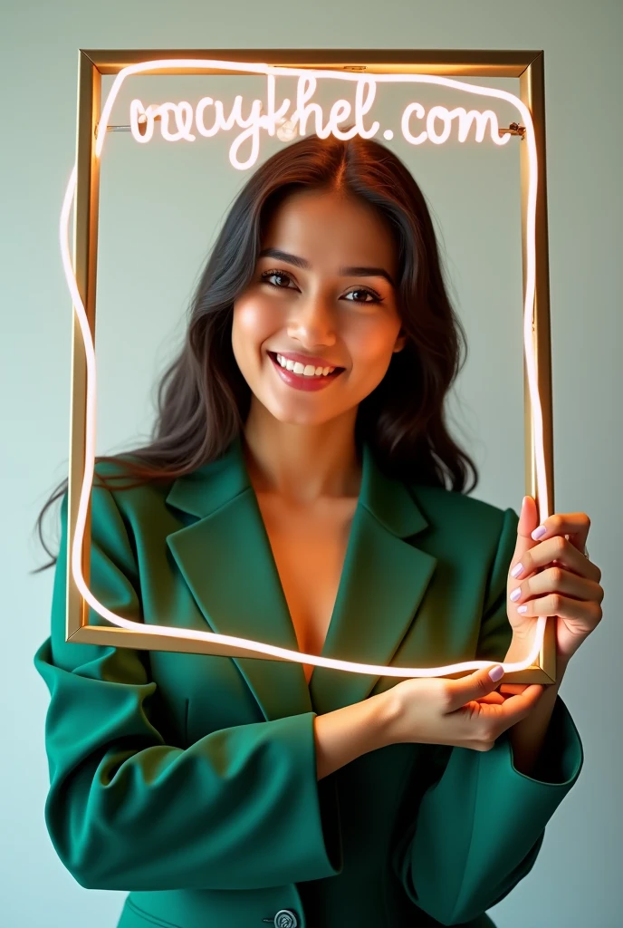 Beatiful indian girl in dark green suit, smiling face, holding a neon sign frame, with a text " NAYAKHEL.COM " showing to viewer, in white background