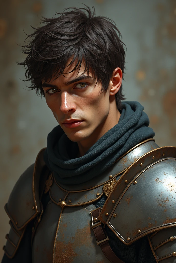  has short, tousled dark brown hair and warm, hazel eyes that convey both his inner turmoil and deep affection for those he cares about. He has a strong, athletic build, a result of his training as an honorable knight. His attire is practical yet refined, often consisting of well-fitted armor or simple, elegant clothing that reflects his noble heritage.