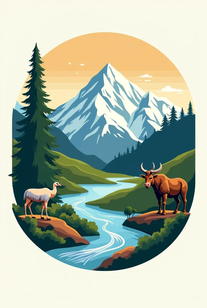 Create a logo in Spanish for a company with the following characteristics: Image with the two peaks of the Sierra Nevada of Santa Marta, laguna, river to the sea, Macaw, farmer, mono