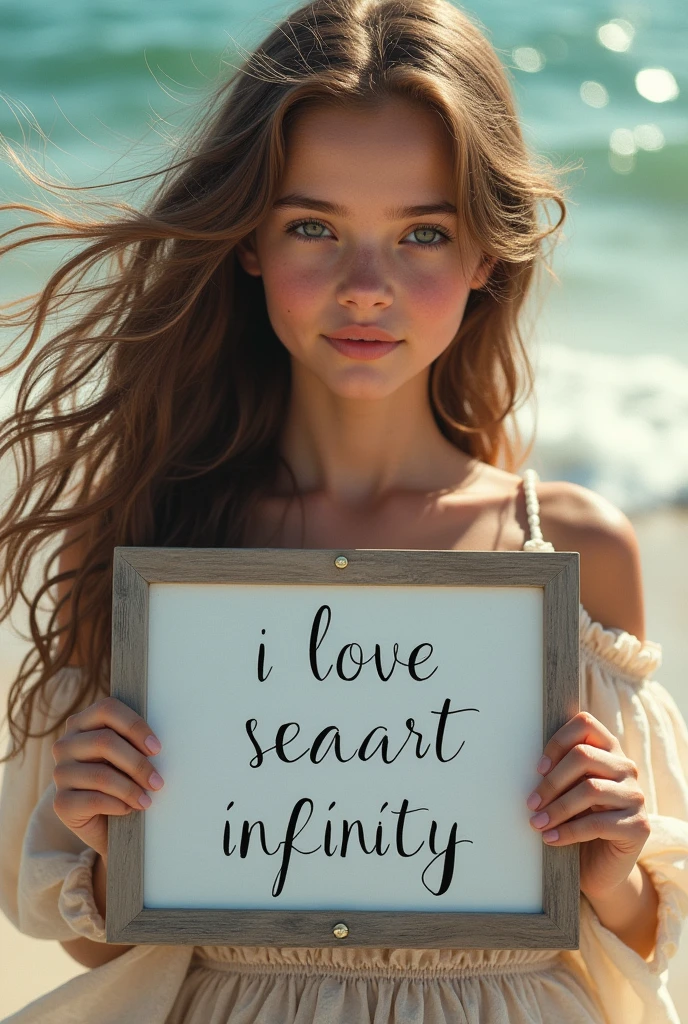 Beautiful girl with wavy long hair, bohemian dress, holding a white board with text "I Love Seaart Infinity" and showing it to the viewer
