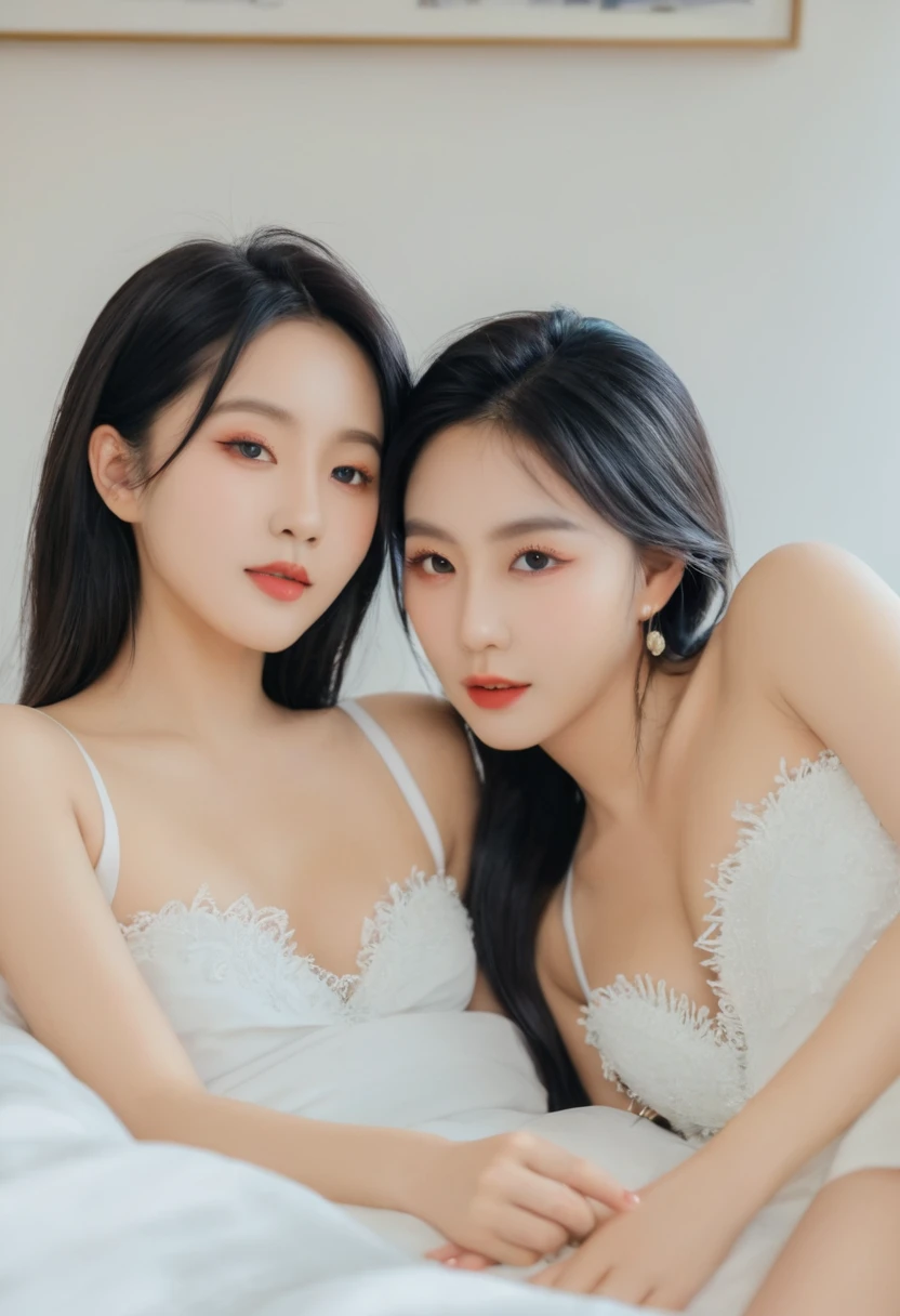 (Highest quality、4K、8k、High resolution、masterpiece:1.2)、Very detailed、(Genuine、Realistic、Realistic:1.3)、Two busty japanese girls is French Kiss、lying on the bed、sitting position, hug, face to face, straddle、yuri