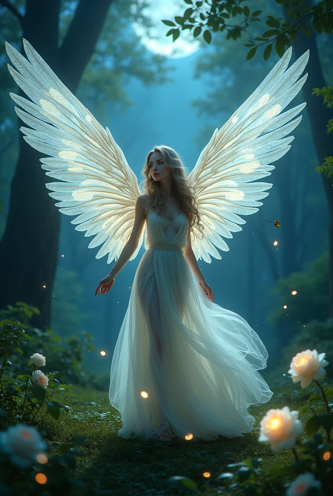 Make bird wings ,Vivid Wings , Beautiful forest background, Wear a long dress, A small bee is drawn on a white rose , A beautiful night forest with small glowing insects dancing