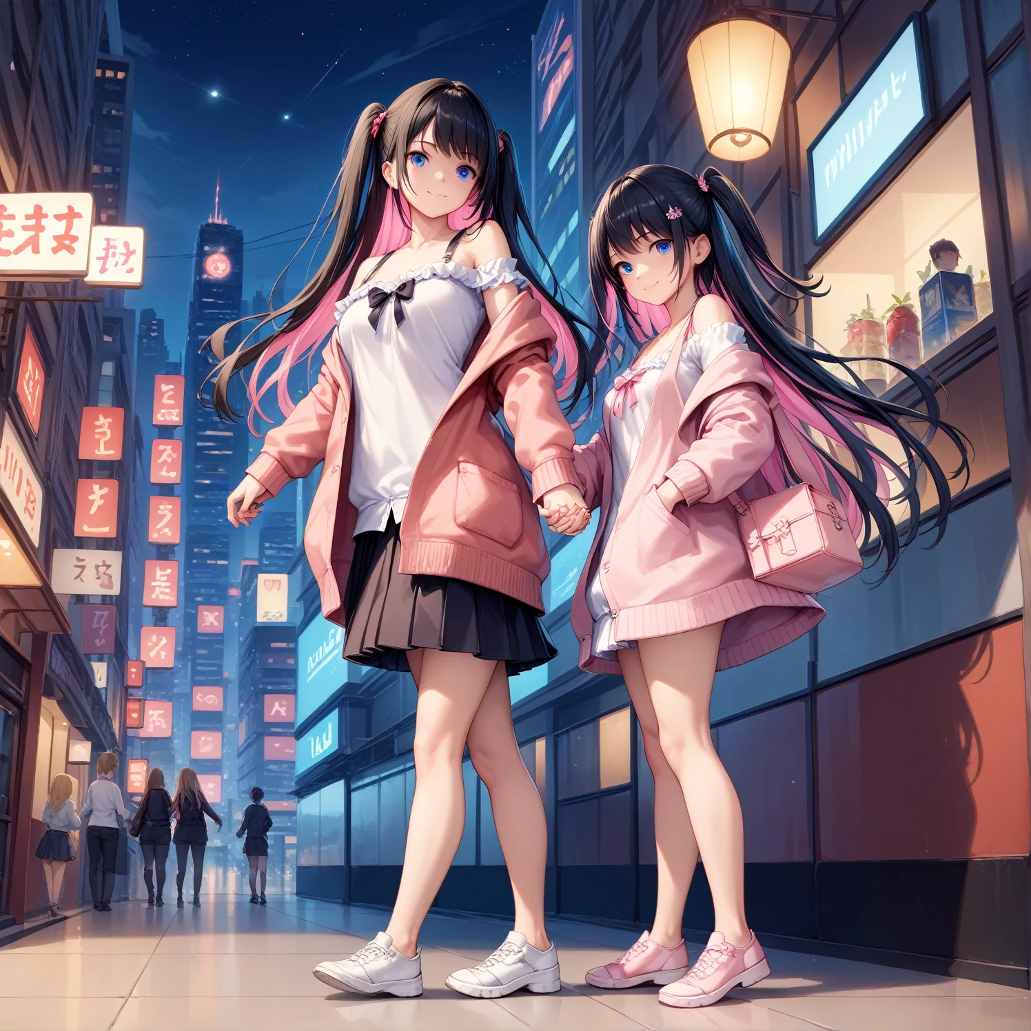 2 girls,((Highest quality)),(masterpiece),(Realistic Shadows),two side up,,Long Hair,(colored inner hair　black hair + pink inner hair),Blue eyes,email,multicolored hair,off shoulder top, frilled clothing, cardigan, mini skirt」,BREAK　in the city, at night, best light, full body shot, from side, , skyscraper,holding hands
