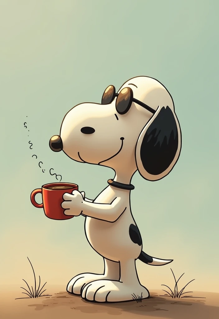 A drawing of Snoopy, the famous dog from the comic strip 'Peanuts'. He wears sunglasses and a shirt. He is standing and leaning against his doghouse in the background.. Snoopy is holding a coffee mug, with steam rising from it. The drawing style is composed of firm and bold lines., Handmade, no shading. The overall look is clean and minimalistic, with precise and confident features, emphasizing the character and the scene.