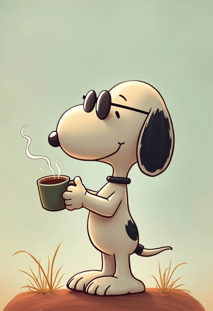 A drawing of Snoopy, the famous dog from the comic strip 'Peanuts'. He wears sunglasses and a shirt. He is standing and leaning against his doghouse in the background.. Snoopy is holding a coffee mug, with steam rising from it. The drawing style is composed of firm and bold lines., Handmade, no shading. The overall look is clean and minimalistic, with precise and confident features, emphasizing the character and the scene.