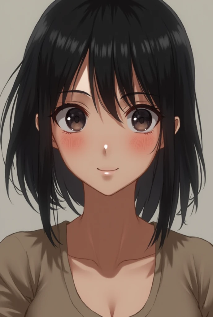 Generate to me the face Mikasa of atack on titans in real life looks shyness and laughs