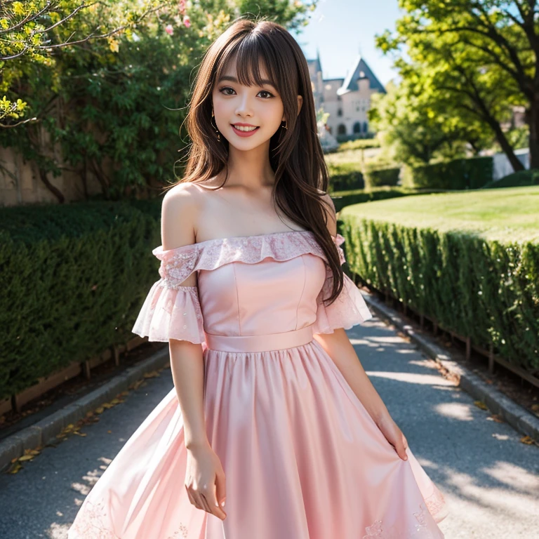 laughing out loud,1 female, 2,(Wearing a pink princess dress),Wear a dress,wear princess dress,Wearing a pink princess wedding dress,Wear a wedding dress,Outside the castle,There are multiple layers of gauze on the outside of the skirt,Big skirt,Big hem,Large gauze skirt,Thousand layer gauze skirt,Gradient gauze skirt,Large skirt,Big hem,light brown hair, blunt bangs, hair behind ears, Shoulder length hair, long hair, Slender body type, 超face slimming型, face slimming, delicate lips, beautiful eyes, Thin blush, Eyes are light brown,Check it out here, (actual:1.3), One person's perspective, 8k, Super detailed, high quality, best quality, High resolution,knee shot