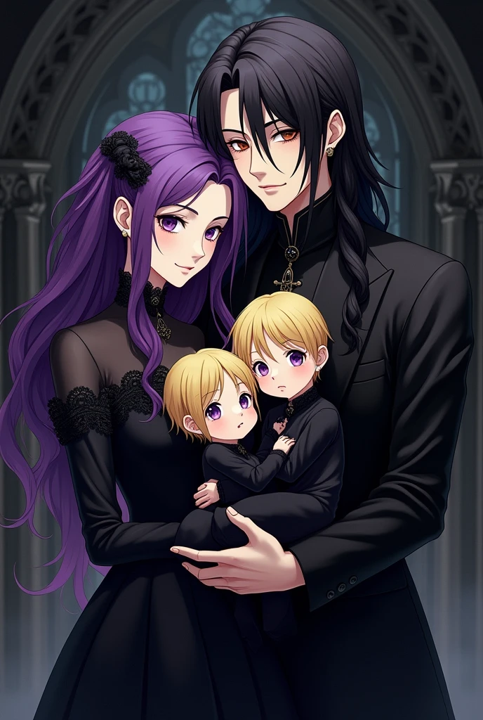 Anime style; Create a gothic family portrait of a yound purple haired woman and a young long black haired man with a braided chin beard, holding two blonde black dressed baby boys