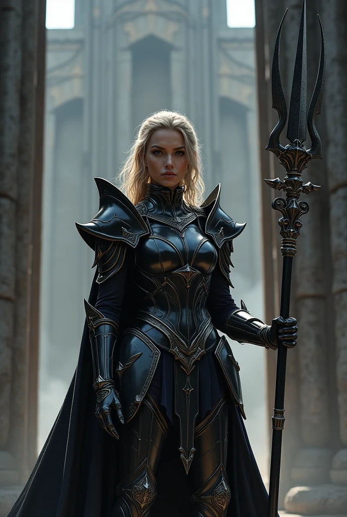 a woman in shining black armor is standing in front of a large gate in the background there is a large tower in her hand she is holding a lance