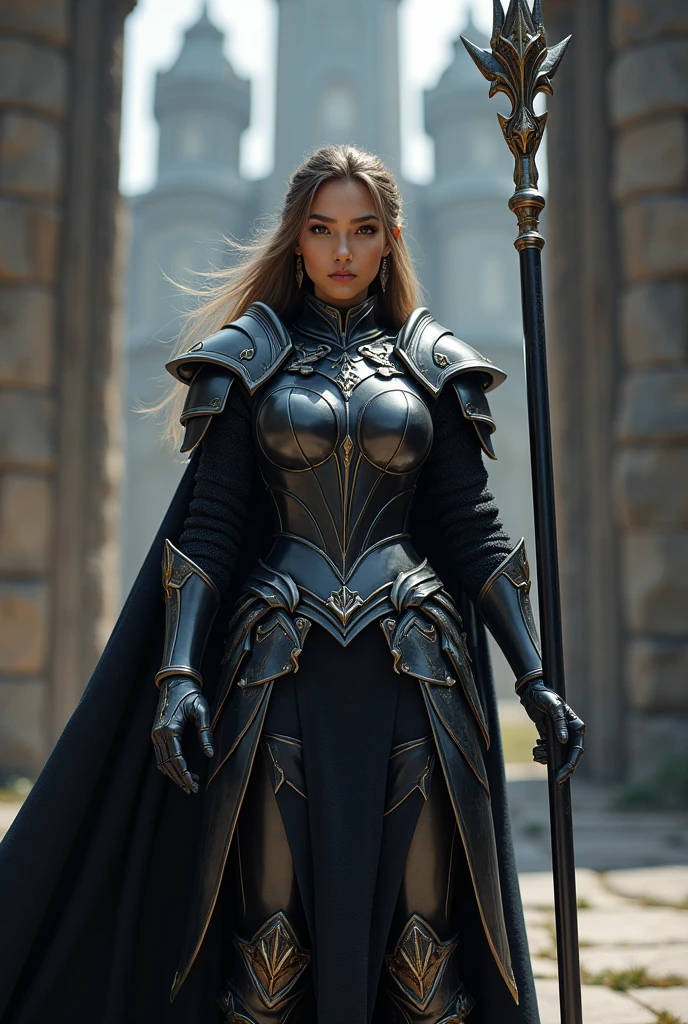 a woman in shining black armor is standing in front of a large gate in the background there is a large tower in her hand she is holding a lance
