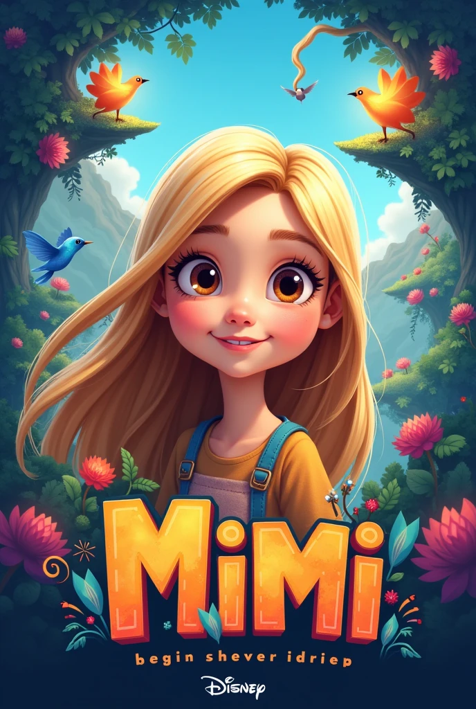 Create a kids logo for a YouTube channel , with an avatar of a blonde with brown eyes, long hair and the name The Adventures of MiMi with a background image like in an avatarworld game