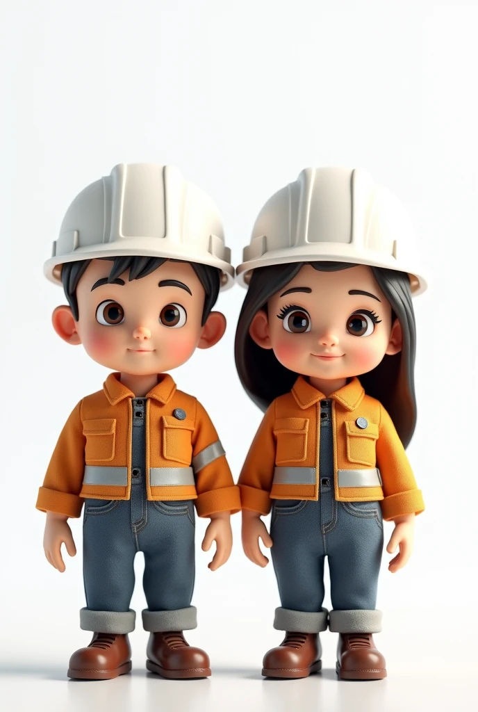 male and female civil engineer with white helmet animated dolls, where only half the body and a white background are visible
