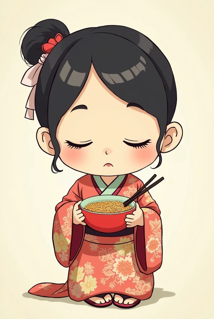 A simple drawing without many features of a closed-eyed Chinese girl in a Kimono and an Instant Noodle Soup in her hand, so her face doesn&#39;t look so real in the South Park style without much shine.