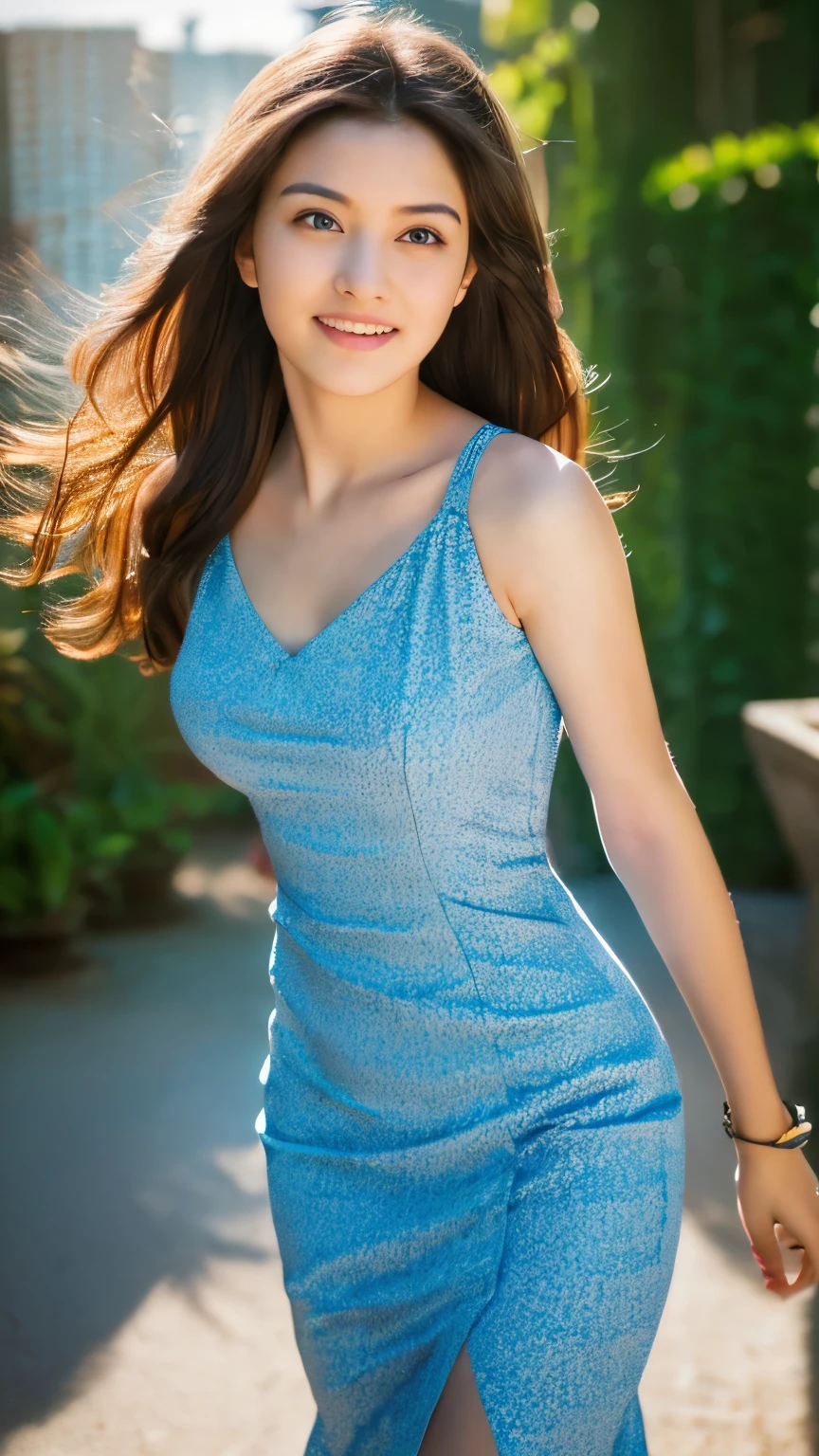 A woman in a blue dress is posing for a picture - SeaArt AI