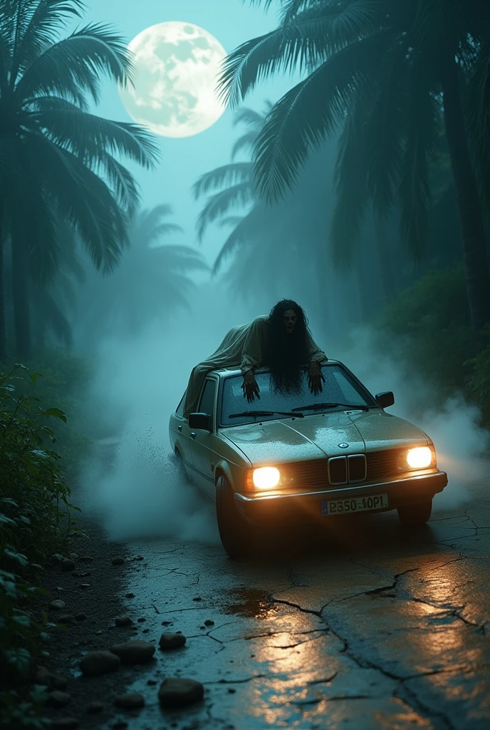 a long-haired zombie,zombie face. Ugly ghost.long hair cover face , ghost, ju-on , lying down pronebone on the roof of a car, wearing a ripped long white dress, car drifting. Car move fast , epic. High shutter speed. , dramatic lighting, cinematic atmosphere, moody color tones, high contrast, photorealistic, 8K, masterpiece, ultra-detailed. At night. Flash photography. In jungle scene. Horror scene. Car turn on light . Drive in car shocked. Moon background. 12 am. Fog night. Wet night. Road cracking. 