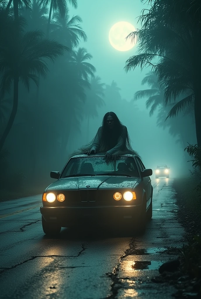a long-haired zombie,zombie face. Ugly ghost.long hair cover face , ghost, ju-on , lying down pronebone on the roof of a car, wearing a ripped long white dress, car drifting. Car move fast , epic. High shutter speed. , dramatic lighting, cinematic atmosphere, moody color tones, high contrast, photorealistic, 8K, masterpiece, ultra-detailed. At night. Flash photography. In jungle scene. Horror scene. Car turn on light . Drive in car shocked. Moon background. 12 am. Fog night. Wet night. Road cracking. 