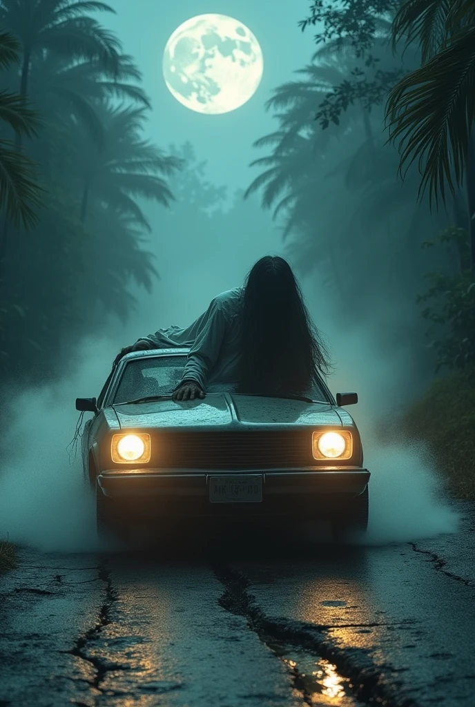 a long-haired zombie,zombie face. Ugly ghost.long hair cover face , ghost, ju-on , lying down pronebone on the roof of a car, wearing a ripped long white dress, car drifting. Car move fast , epic. High shutter speed. , dramatic lighting, cinematic atmosphere, moody color tones, high contrast, photorealistic, 8K, masterpiece, ultra-detailed. At night. Flash photography. In jungle scene. Horror scene. Car turn on light . Drive in car shocked. Moon background. 12 am . 