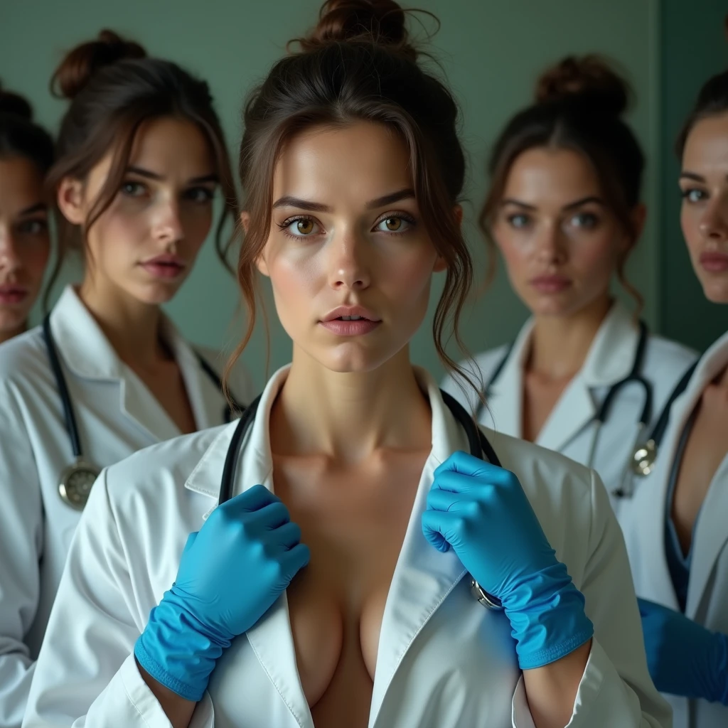 Four live action brunette women, Brown eyes, Hair tied up. She is a doctor in the French army.. Her outfit gives us a glimpse of her beautiful décolletage.. She is wearing blue latex gloves while looking at the camera.