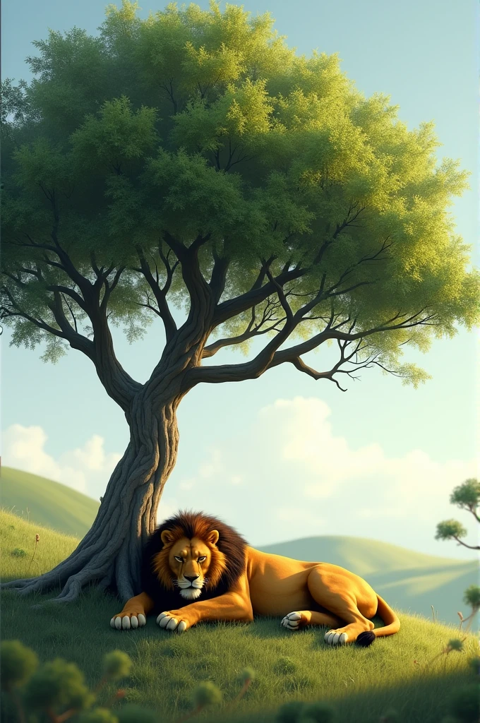 One tree and lion sleeping