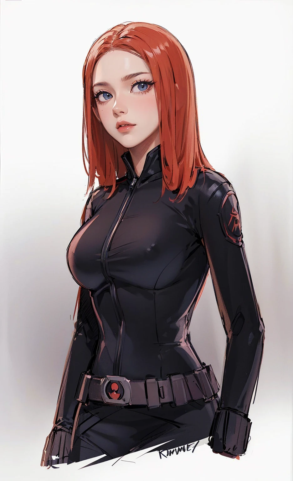 The image depicts Black Widow. She is illustrated with bright red, shoulder-length hair and blue eyes, and is clad in a sleek skin-tight shiny black latex bodysuit with a black silver zipper running down the front. The suit is complemented by her shiny iron wrist guard on both wrists and a metal belt with a buckle with a red hourglass mark. Her gaze is intent and directed off-screen, implying alertness and focus on an unseen threat or target. She appears with a cute smile on her face. The atmosphere of the image conveys confidence and resilience, characteristics synonymous with the Black Widow persona. The background of the image is an off-white color, which creates a subdued and timeless ambiance.