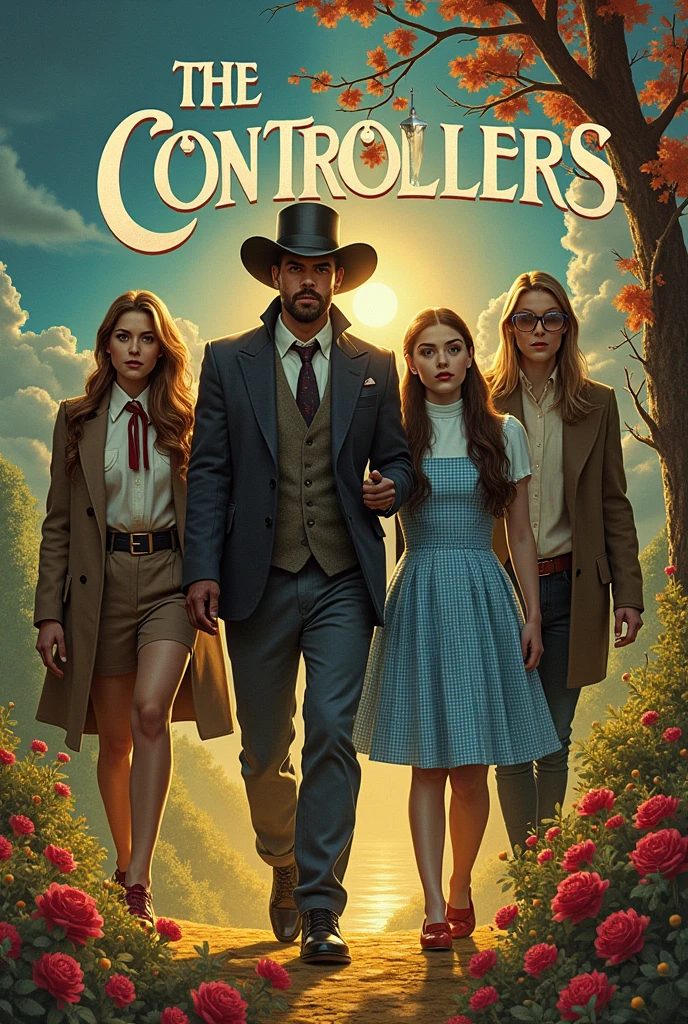 A cover just like the one in the movie "the wizard of oz" from 1939, but in place of the title "the wizard of oz" to place "The controllers" with the same font and put 4 people in the photo
