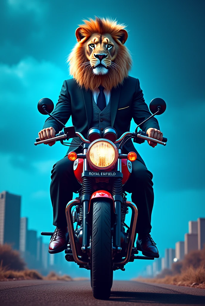 A lion with suit on royal Enfield in between land and sky wih blue background neon lights