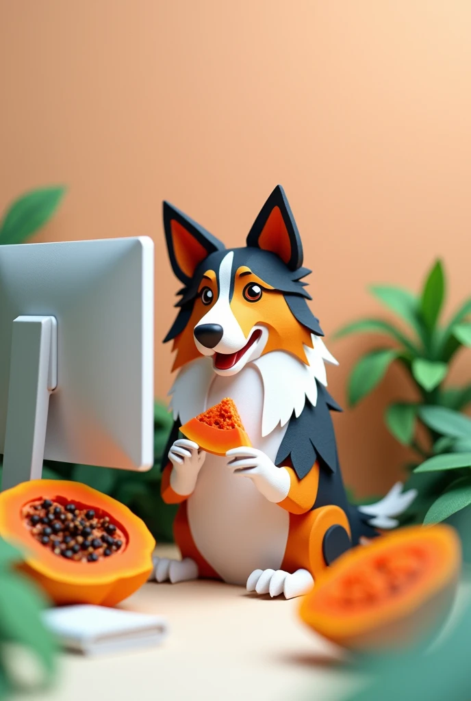 a tri-colored collie, sitting in front of a computer, with a piece of papaya, masterpiece, all in three dimensional paper art、(Almond Shapes);1.9、(Three-dimensional paper-cut art.、colorful):1.9