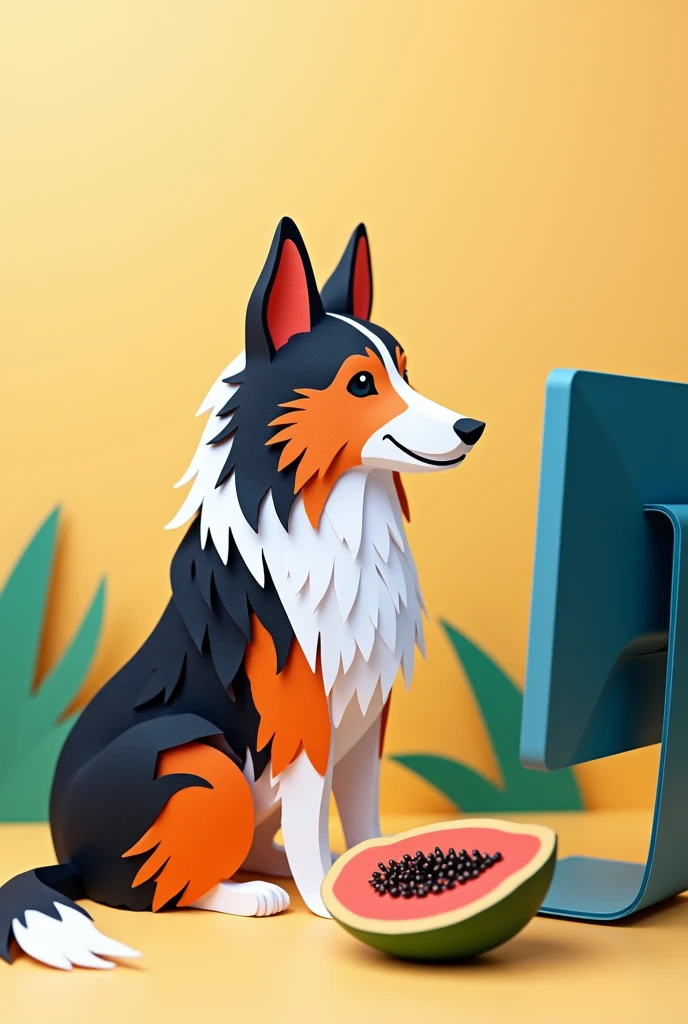 a tri-colored collie, sitting in front of a computer, with a piece of papaya,  masterpiece, all in three dimensional paper art、(Almond Shapes);1.9、(Three-dimensional paper-cut art.、colorful):1.9
